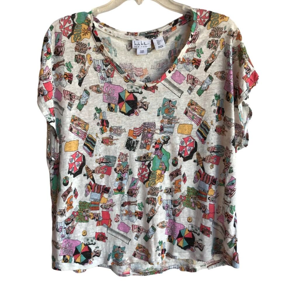 Nicole Miller Slub Linen T Shirt Bright Colorful Beach Motif  size L